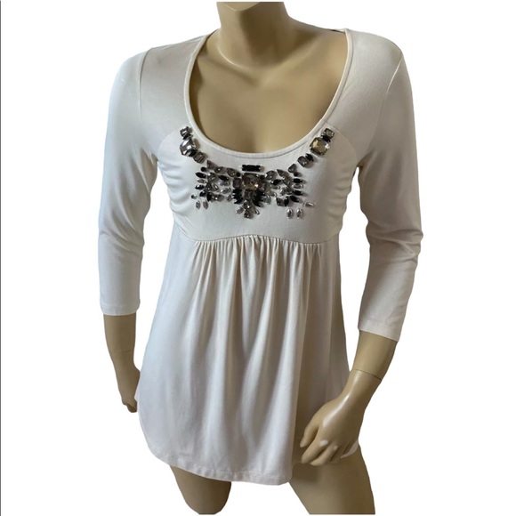 Boston Proper Womens Size Small Beige Embellished Long Sleeve Tunic Shirt - Picture 1 of 6